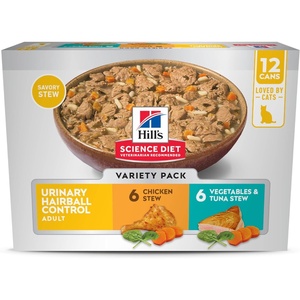 Hill’s Science Diet Urinary & Hairball Control Wet Cat Food Variety Pack | #1 Veterinarian Recommended, Adult Formula, Chicken, Tuna, & Salmon, 2.9 oz. Cans, 24-Pack(Variety Pack: Chicken  Tuna & Vegetables Stew)